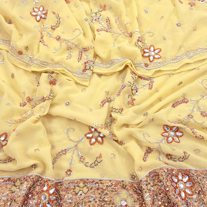 Indian Vintage Heavy yellow Bridal Dupatta Pure Georgette Silk Hand Embroidered Zardozi, Dabka, Zari Work Party Wear Long Stole