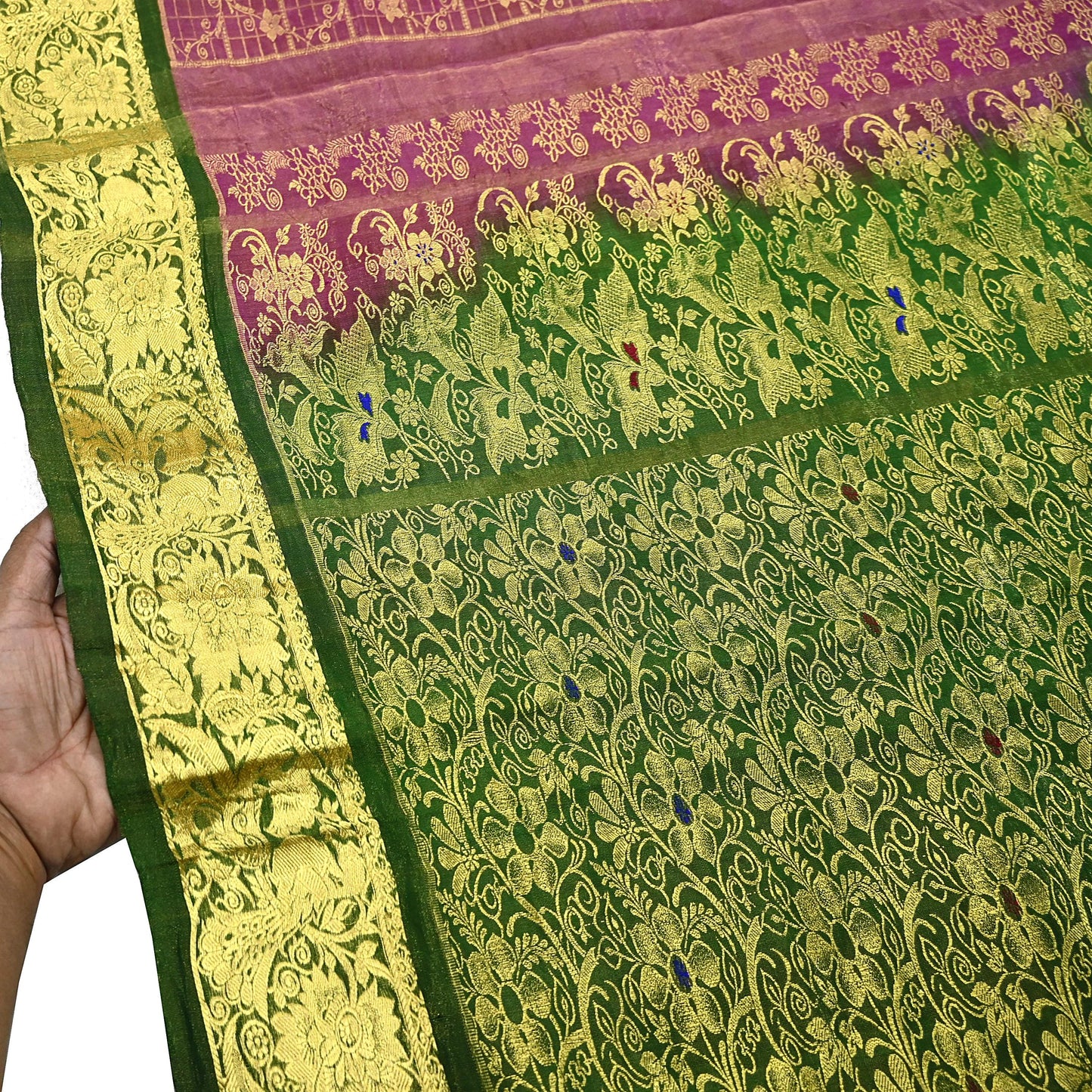 Indian Vintage Heavy pink & green Kanjivaram Saree 100% Pure Silk Sari Metallic Golden Zari 5Yd Floral Crafting Dress making