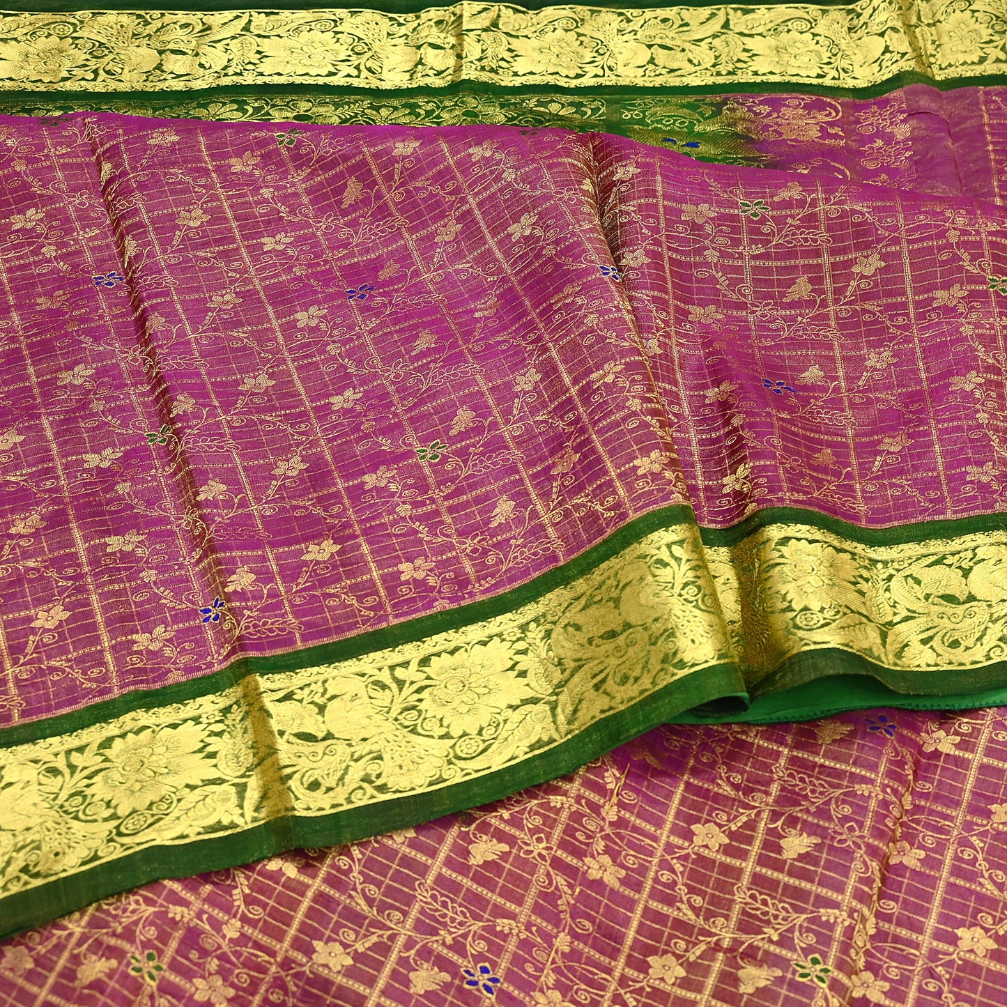 Indian Vintage Heavy pink & green Kanjivaram Saree 100% Pure Silk Sari Metallic Golden Zari 5Yd Floral Crafting Dress making