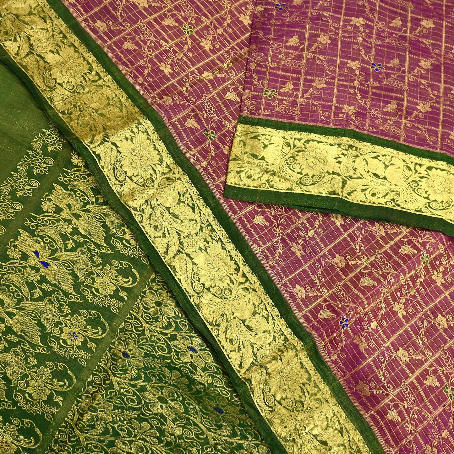 Indian Vintage Heavy pink & green Kanjivaram Saree 100% Pure Silk Sari Metallic Golden Zari 5Yd Floral Crafting Dress making