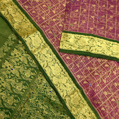 Indian Vintage Heavy pink & green Kanjivaram Saree 100% Pure Silk Sari Metallic Golden Zari 5Yd Floral Crafting Dress making