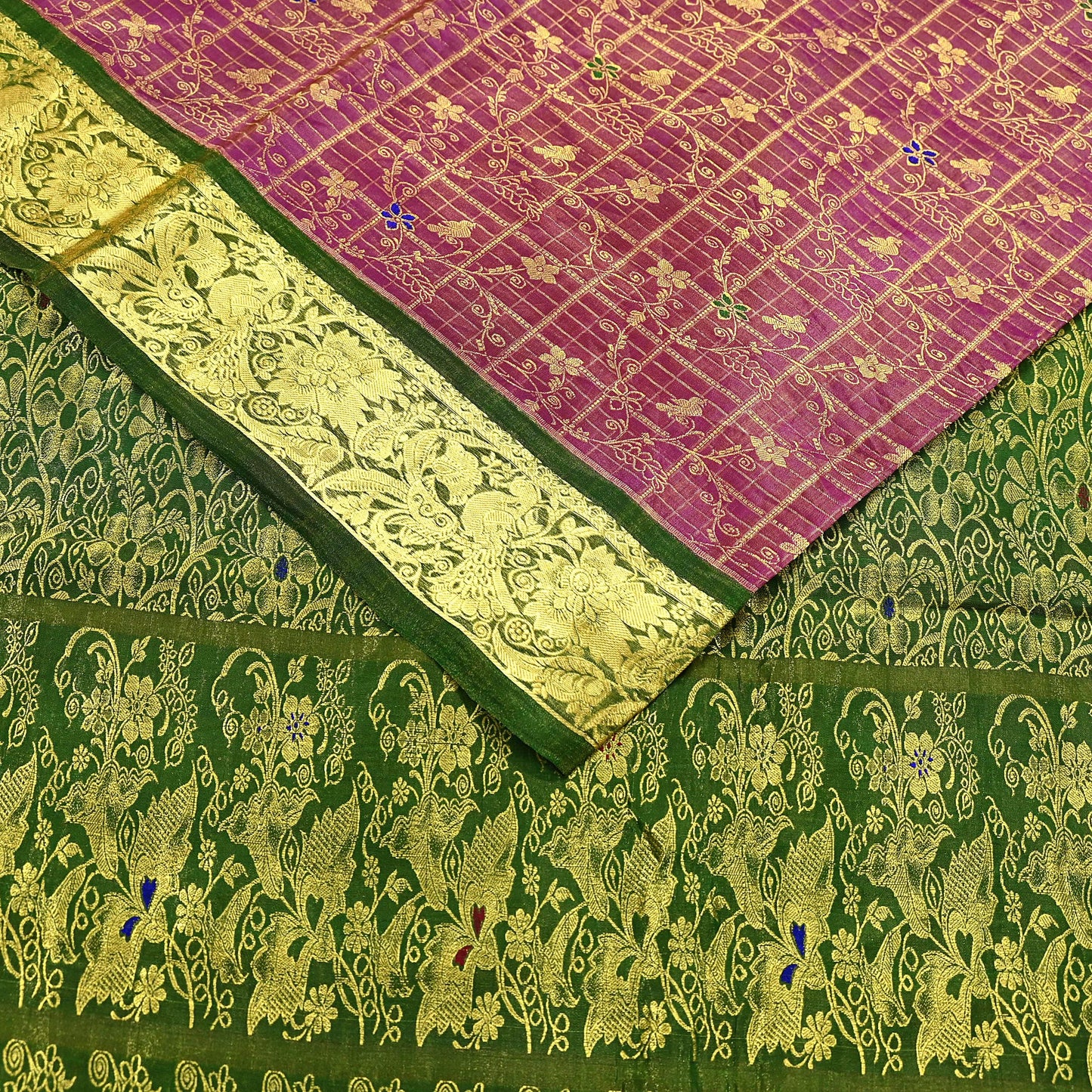 Indian Vintage Heavy pink & green Kanjivaram Saree 100% Pure Silk Sari Metallic Golden Zari 5Yd Floral Crafting Dress making