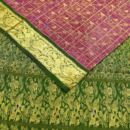 Indian Vintage Heavy pink & green Kanjivaram Saree 100% Pure Silk Sari Metallic Golden Zari 5Yd Floral Crafting Dress making