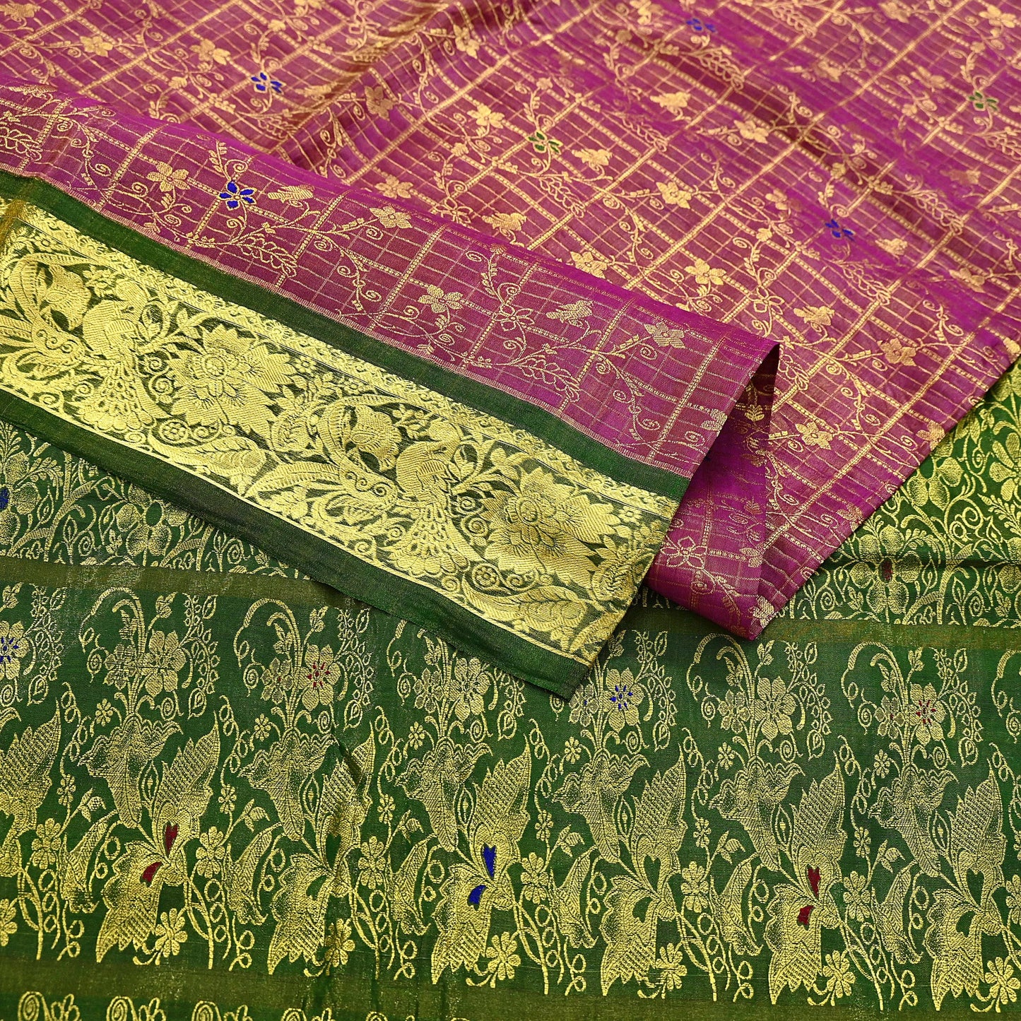 Indian Vintage Heavy pink & green Kanjivaram Saree 100% Pure Silk Sari Metallic Golden Zari 5Yd Floral Crafting Dress making