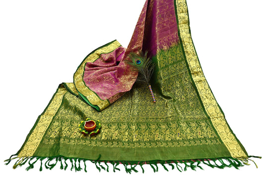 Indian Vintage Heavy pink & green Kanjivaram Saree 100% Pure Silk Sari Metallic Golden Zari 5Yd Floral Crafting Dress making