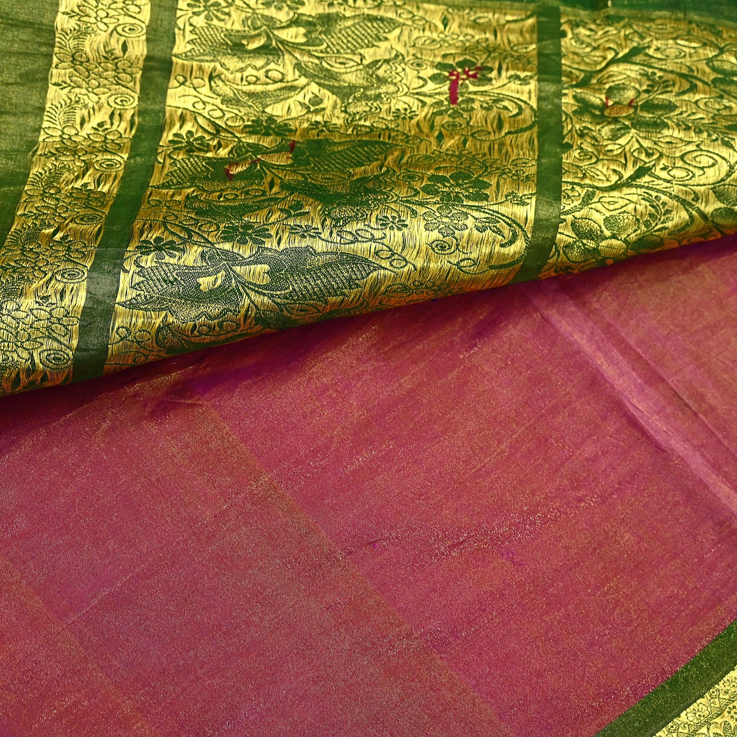 Indian Vintage Heavy pink & green Kanjivaram Saree 100% Pure Silk Sari Metallic Golden Zari 5Yd Floral Crafting Dress making