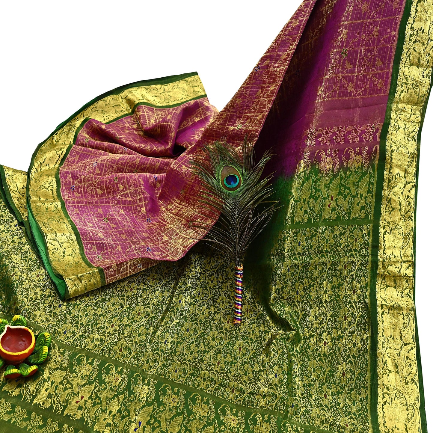 Indian Vintage Heavy pink & green Kanjivaram Saree 100% Pure Silk Sari Metallic Golden Zari 5Yd Floral Crafting Dress making