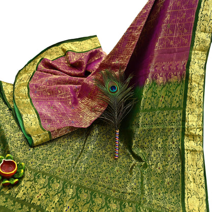 Indian Vintage Heavy pink & green Kanjivaram Saree 100% Pure Silk Sari Metallic Golden Zari 5Yd Floral Crafting Dress making