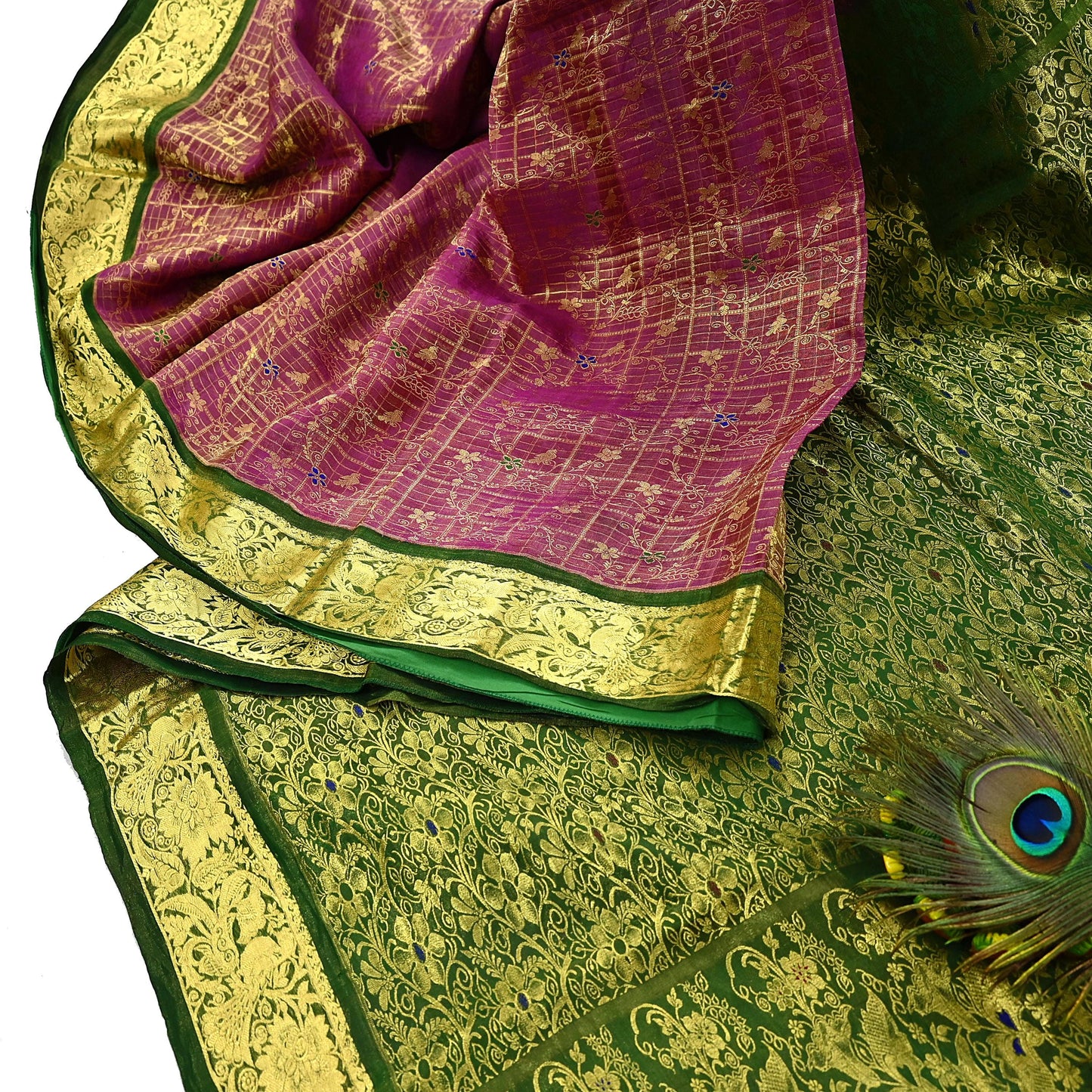 Indian Vintage Heavy pink & green Kanjivaram Saree 100% Pure Silk Sari Metallic Golden Zari 5Yd Floral Crafting Dress making