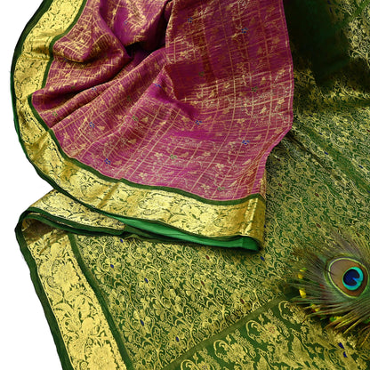 Indian Vintage Heavy pink & green Kanjivaram Saree 100% Pure Silk Sari Metallic Golden Zari 5Yd Floral Crafting Dress making