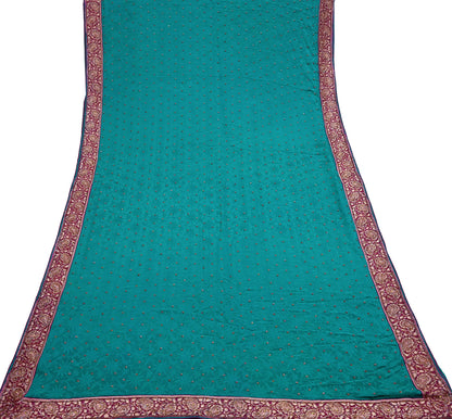 Indian Vintage Heavy Sari Green Pure Crepe Silk Hand Embroidered Sarees Craft Fabric 6Yd Sewing Zardozi Dress making
