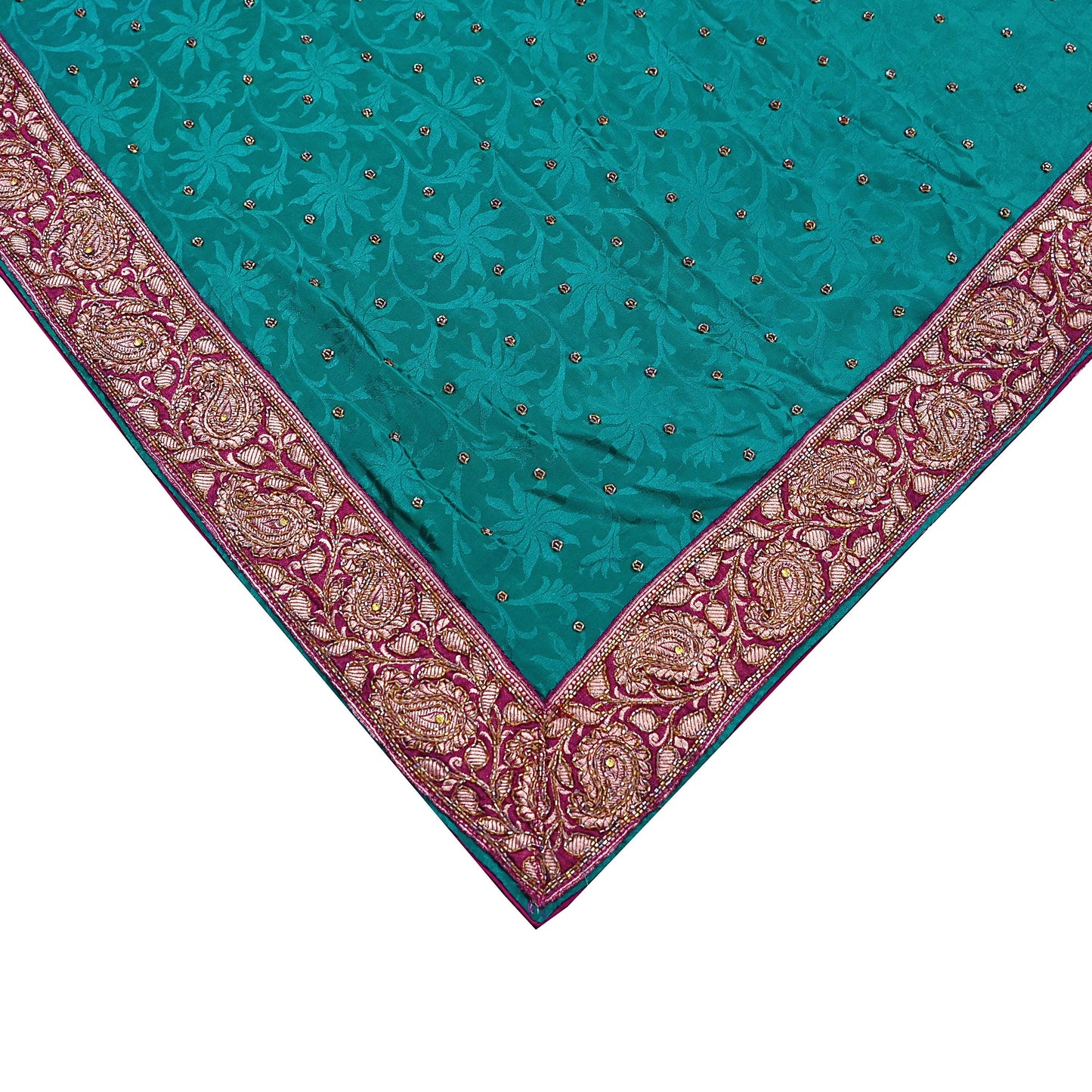 Indian Vintage Heavy Sari Green Pure Crepe Silk Hand Embroidered Sarees Craft Fabric 6Yd Sewing Zardozi Dress making