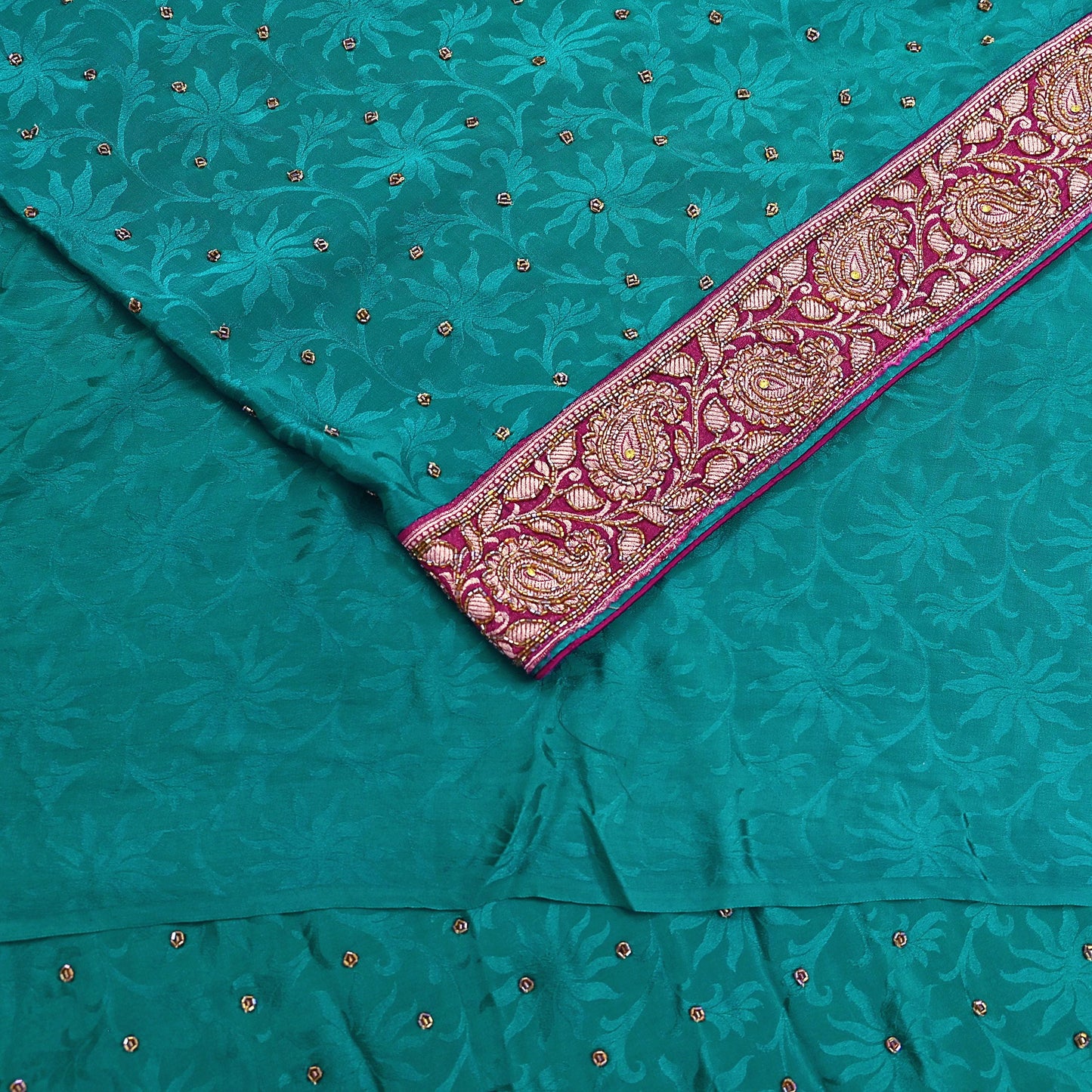 Indian Vintage Heavy Sari Green Pure Crepe Silk Hand Embroidered Sarees Craft Fabric 6Yd Sewing Zardozi Dress making