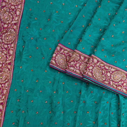 Indian Vintage Heavy Sari Green Pure Crepe Silk Hand Embroidered Sarees Craft Fabric 6Yd Sewing Zardozi Dress making