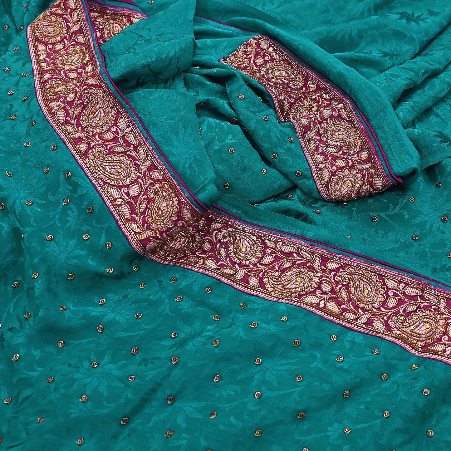 Indian Vintage Heavy Sari Green Pure Crepe Silk Hand Embroidered Sarees Craft Fabric 6Yd Sewing Zardozi Dress making