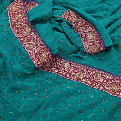 Indian Vintage Heavy Sari Green Pure Crepe Silk Hand Embroidered Sarees Craft Fabric 6Yd Sewing Zardozi Dress making