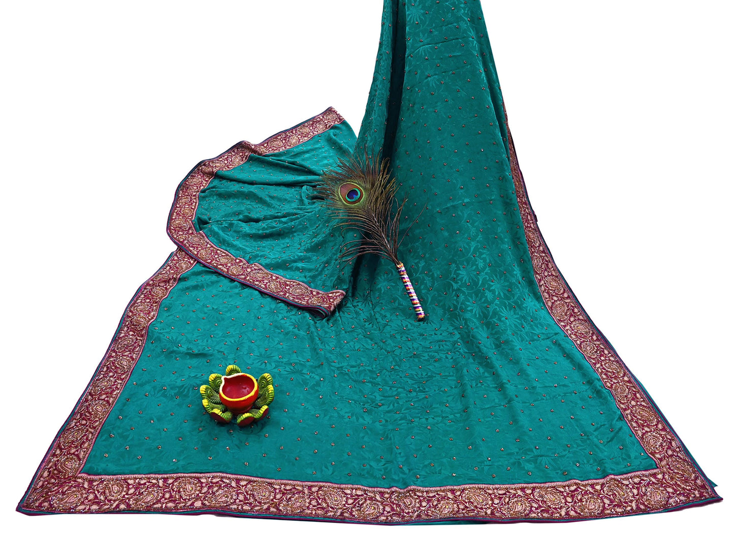 Indian Vintage Heavy Sari Green Pure Crepe Silk Hand Embroidered Sarees Craft Fabric 6Yd Sewing Zardozi Dress making