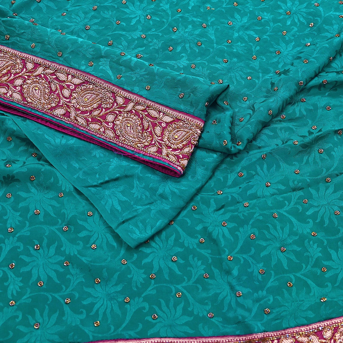 Indian Vintage Heavy Sari Green Pure Crepe Silk Hand Embroidered Sarees Craft Fabric 6Yd Sewing Zardozi Dress making