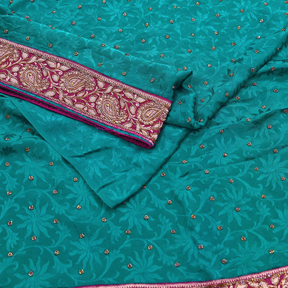 Indian Vintage Heavy Sari Green Pure Crepe Silk Hand Embroidered Sarees Craft Fabric 6Yd Sewing Zardozi Dress making