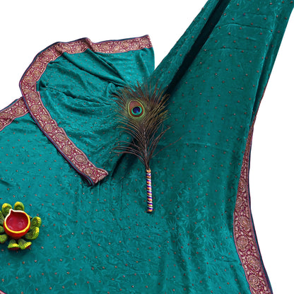Indian Vintage Heavy Sari Green Pure Crepe Silk Hand Embroidered Sarees Craft Fabric 6Yd Sewing Zardozi Dress making