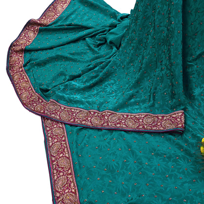 Indian Vintage Heavy Sari Green Pure Crepe Silk Hand Embroidered Sarees Craft Fabric 6Yd Sewing Zardozi Dress making