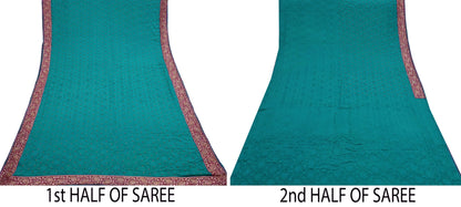 Indian Vintage Heavy Sari Green Pure Crepe Silk Hand Embroidered Sarees Craft Fabric 6Yd Sewing Zardozi Dress making