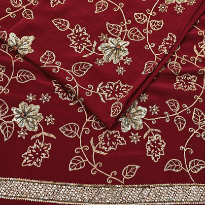 Indian Vintage Purple Saree Pure Crepe Silk Hand Embroidered Sari Craft Fabric 5Yd Sewing Soft Zari Dress making