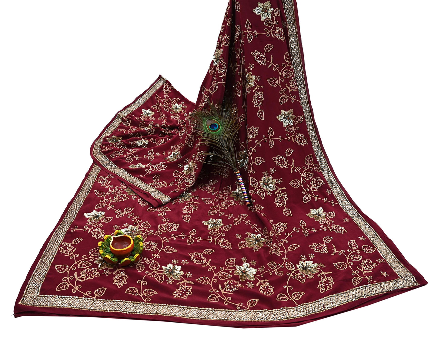 Indian Vintage Purple Saree Pure Crepe Silk Hand Embroidered Sari Craft Fabric 5Yd Sewing Soft Zari Dress making