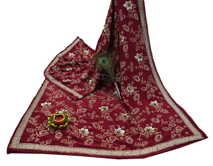 Indian Vintage Purple Saree Pure Crepe Silk Hand Embroidered Sari Craft Fabric 5Yd Sewing Soft Zari Dress making