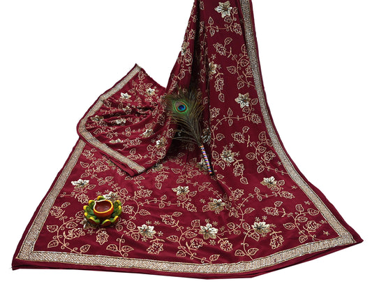 Indian Vintage Purple Saree Pure Crepe Silk Hand Embroidered Sari Craft Fabric 5Yd Sewing Soft Zari Dress making