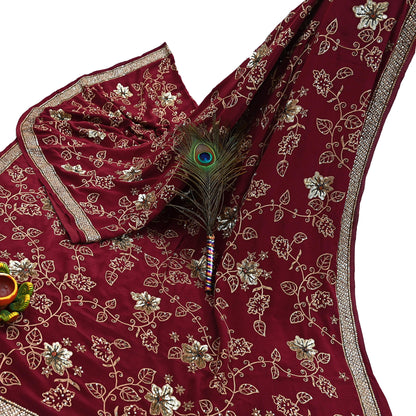 Indian Vintage Purple Saree Pure Crepe Silk Hand Embroidered Sari Craft Fabric 5Yd Sewing Soft Zari Dress making