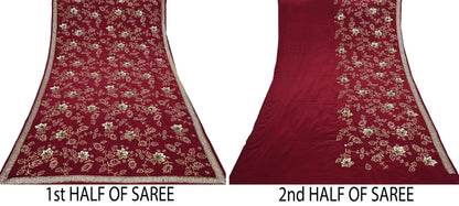 Indian Vintage Purple Saree Pure Crepe Silk Hand Embroidered Sari Craft Fabric 5Yd Sewing Soft Zari Dress making