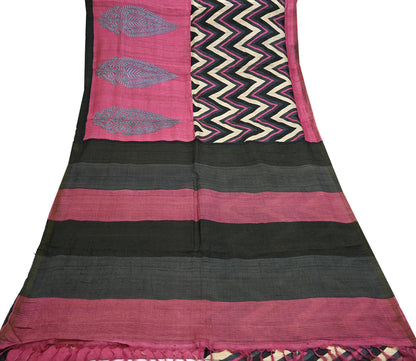 Indian Vintage Heavy Sari Pink & Black Pure Khadi Silk Handloom Saree Craft Fabric 6yd Ethnic Wear Dress making For Crafting Quilting