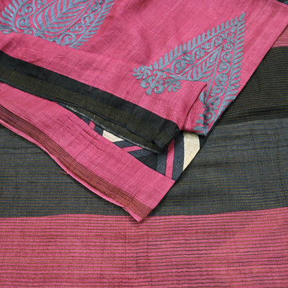 Indian Vintage Heavy Sari Pink & Black Pure Khadi Silk Handloom Saree Craft Fabric 6yd Ethnic Wear Dress making For Crafting Quilting