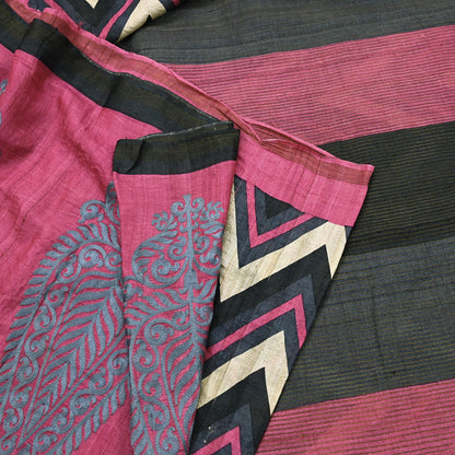 Indian Vintage Heavy Sari Pink & Black Pure Khadi Silk Handloom Saree Craft Fabric 6yd Ethnic Wear Dress making For Crafting Quilting