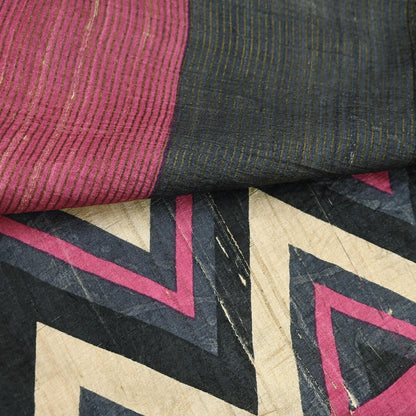 Indian Vintage Heavy Sari Pink & Black Pure Khadi Silk Handloom Saree Craft Fabric 6yd Ethnic Wear Dress making For Crafting Quilting