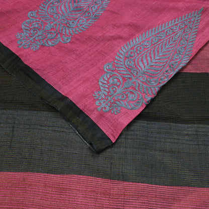 Indian Vintage Heavy Sari Pink & Black Pure Khadi Silk Handloom Saree Craft Fabric 6yd Ethnic Wear Dress making For Crafting Quilting