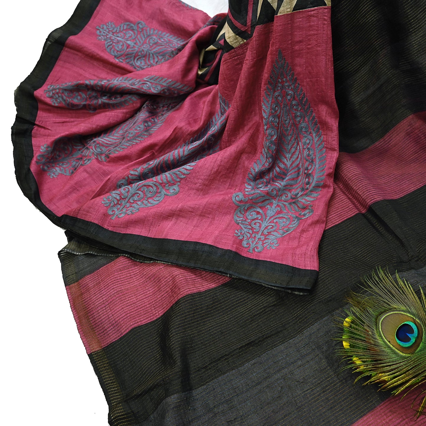 Indian Vintage Heavy Sari Pink & Black Pure Khadi Silk Handloom Saree Craft Fabric 6yd Ethnic Wear Dress making For Crafting Quilting