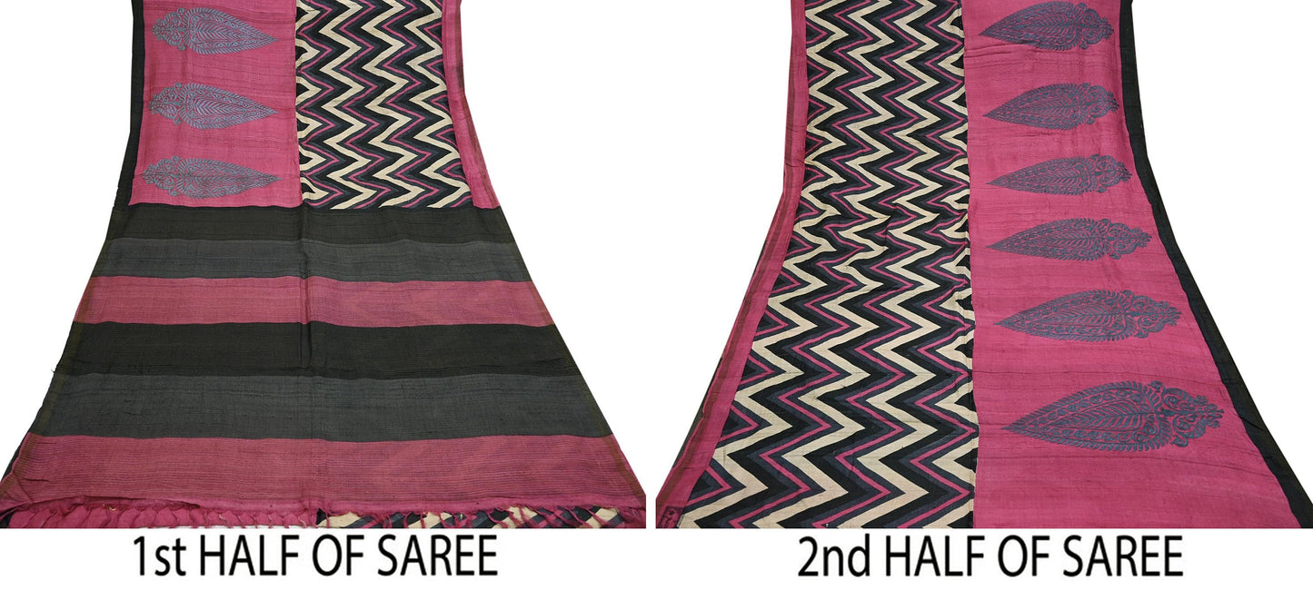 Indian Vintage Heavy Sari Pink & Black Pure Khadi Silk Handloom Saree Craft Fabric 6yd Ethnic Wear Dress making For Crafting Quilting
