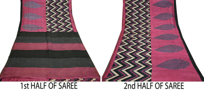 Indian Vintage Heavy Sari Pink & Black Pure Khadi Silk Handloom Saree Craft Fabric 6yd Ethnic Wear Dress making For Crafting Quilting