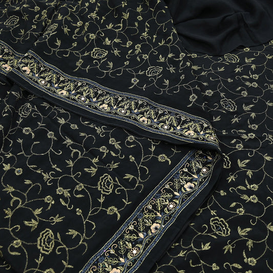 Indian Vintage Heavy Sari Black Pure Crepe Silk Hand Embroidered Sarees Craft Fabric 6Yd Sewing Zardozi Dress making Crafting Quilting