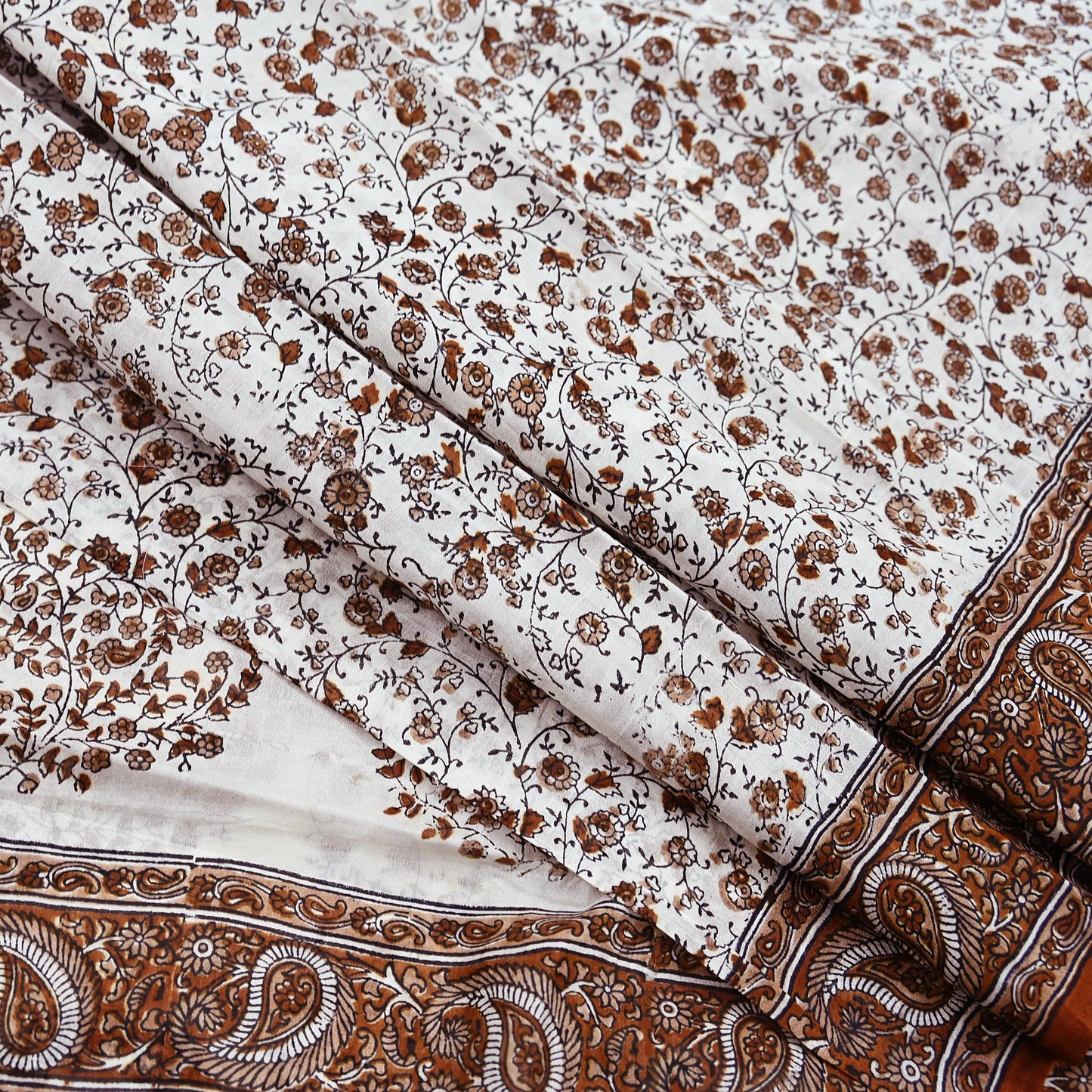Vintage White Pure Silk Saree Brown Floral Paisley Print 5 Yards Craft Fabric Sewing, Quilting, Dressmaking, Upcycle Material