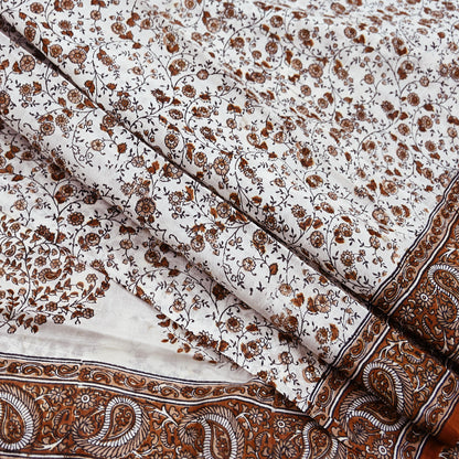 Vintage White Pure Silk Saree Brown Floral Paisley Print 5 Yards Craft Fabric Sewing, Quilting, Dressmaking, Upcycle Material