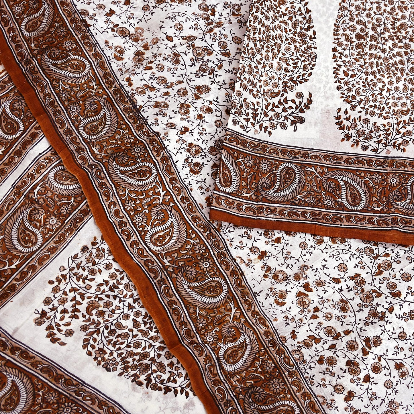 Vintage White Pure Silk Saree Brown Floral Paisley Print 5 Yards Craft Fabric Sewing, Quilting, Dressmaking, Upcycle Material