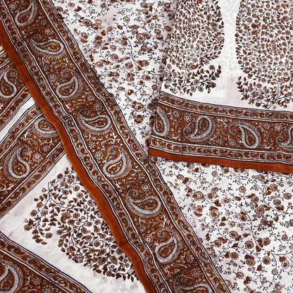 Vintage White Pure Silk Saree Brown Floral Paisley Print 5 Yards Craft Fabric Sewing, Quilting, Dressmaking, Upcycle Material