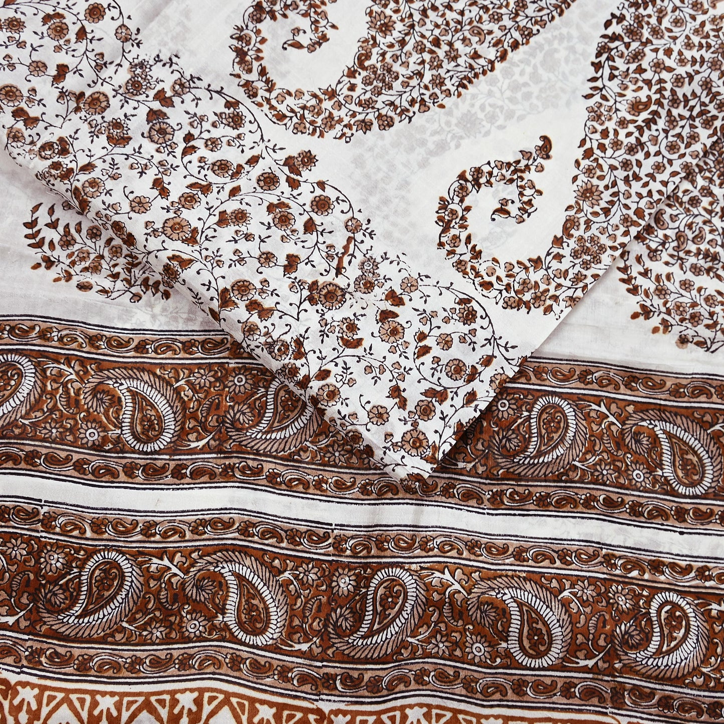 Vintage White Pure Silk Saree Brown Floral Paisley Print 5 Yards Craft Fabric Sewing, Quilting, Dressmaking, Upcycle Material