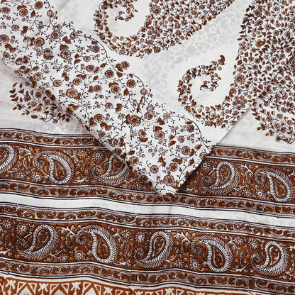Vintage White Pure Silk Saree Brown Floral Paisley Print 5 Yards Craft Fabric Sewing, Quilting, Dressmaking, Upcycle Material