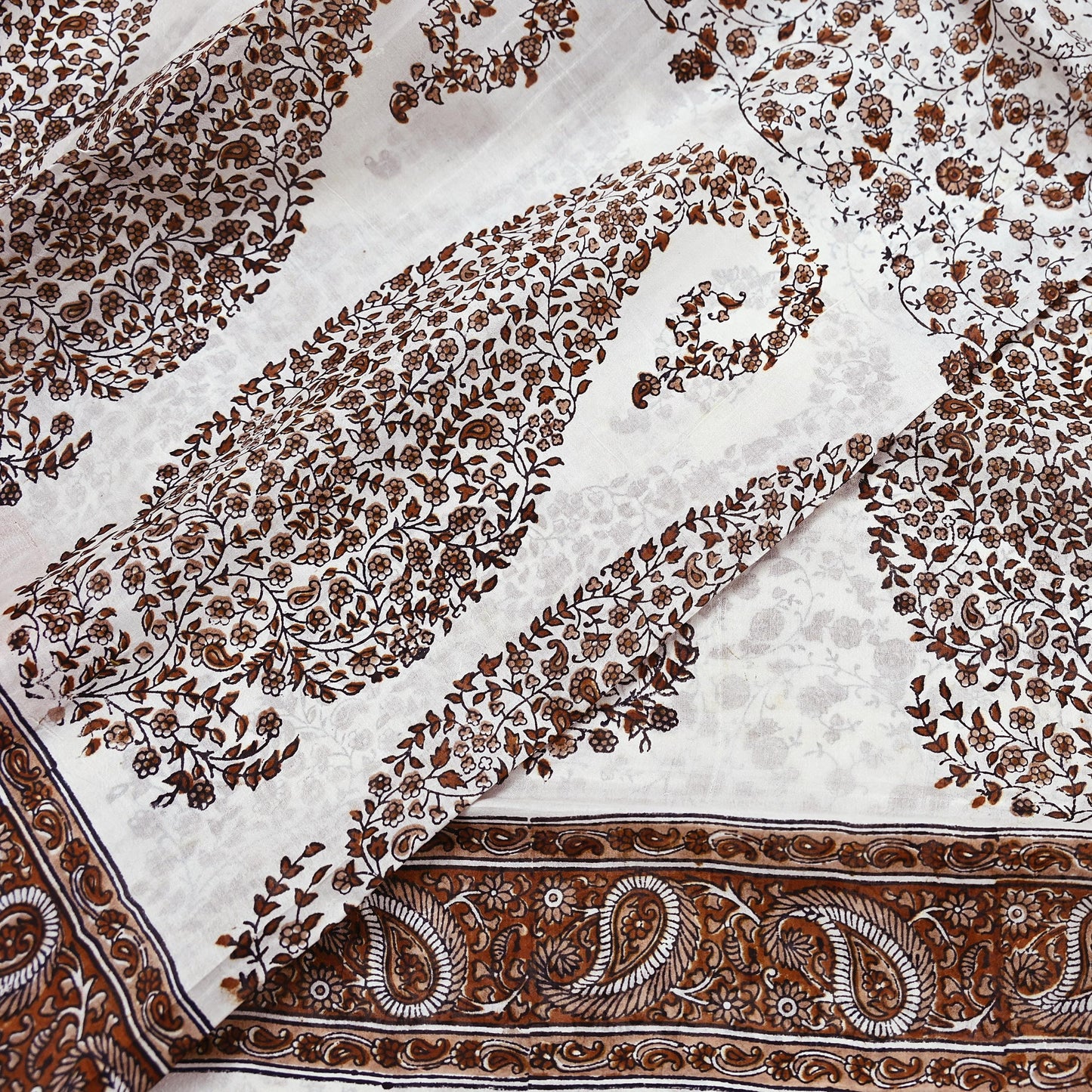 Vintage White Pure Silk Saree Brown Floral Paisley Print 5 Yards Craft Fabric Sewing, Quilting, Dressmaking, Upcycle Material