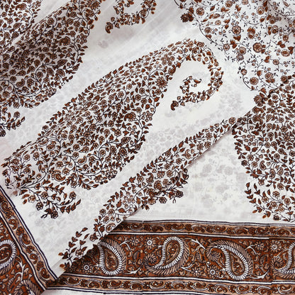Vintage White Pure Silk Saree Brown Floral Paisley Print 5 Yards Craft Fabric Sewing, Quilting, Dressmaking, Upcycle Material