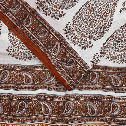 Vintage White Pure Silk Saree Brown Floral Paisley Print 5 Yards Craft Fabric Sewing, Quilting, Dressmaking, Upcycle Material